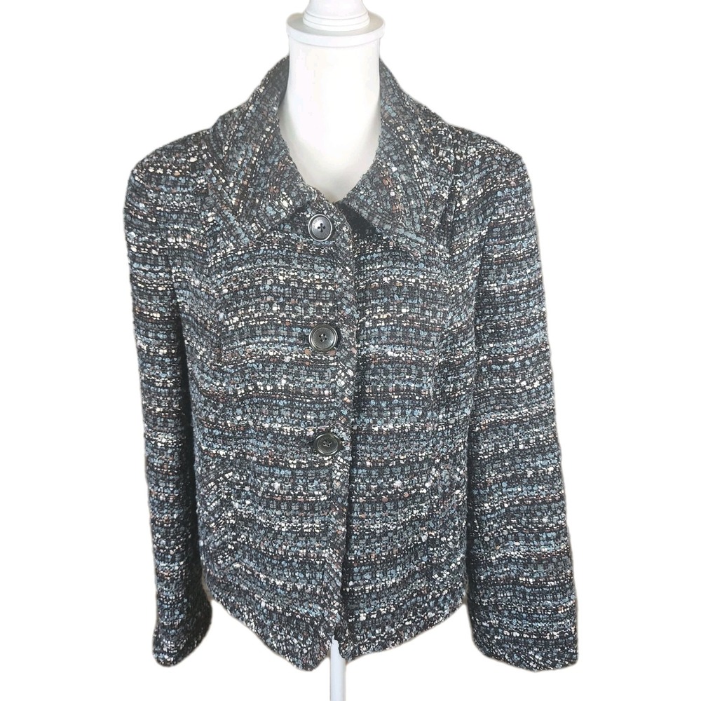 Liz Claiborne Tweed Blazer Jacket Womens Large Black‎ Teal Pockets Career Office